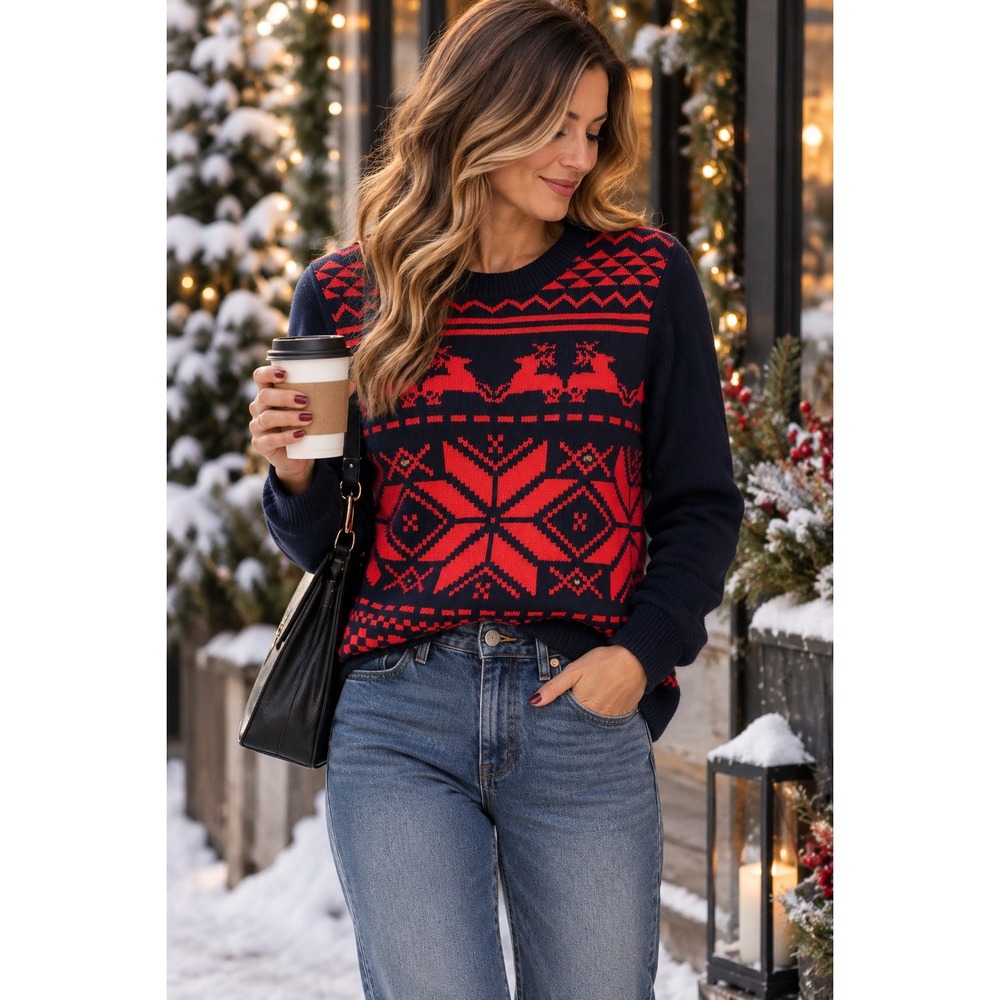 Gap Womens Fair Isle Reindeer Snowflake Sweater Navy Orange Red Sz Small